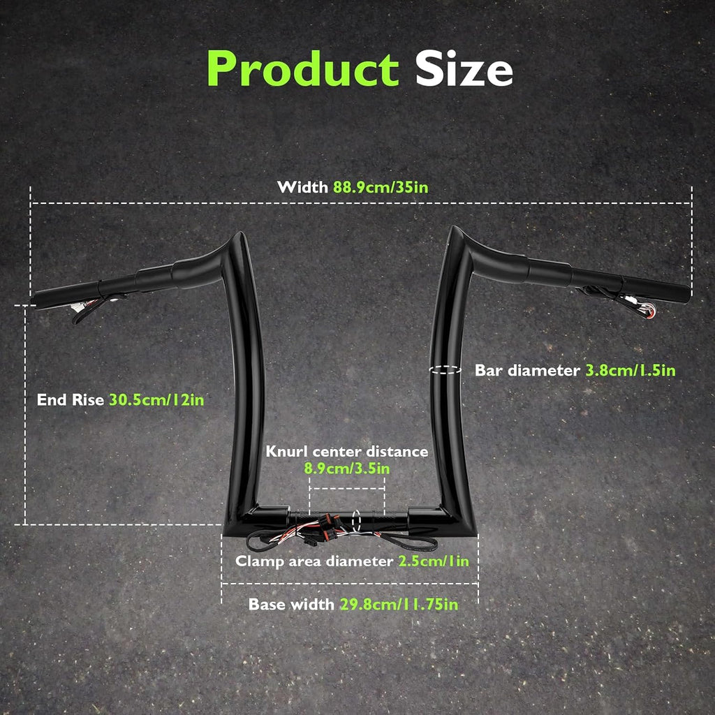 Mofun 12' Rise Pre-wired Handlebars Ape Hangers 1.5' Fat 1' Clamp Compatible with Harley Softail 2011-2024 Sportster 2011-2022 Dyna 2012-2017 low Rider S Road King 2015-Later Models, Gloss Black