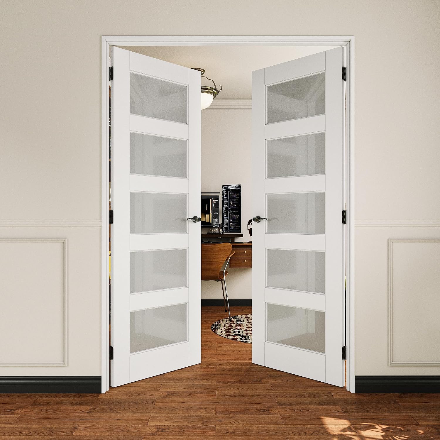 French Door 56' x 80' (Double 28' x 80') 5-Lite Frosted Glass Door Slabs with Pre-Hung Jamb, Black Hinges, Levers and Latch, White Primed, French Interior Doors with Frame, Swing Double Bedroom Doors