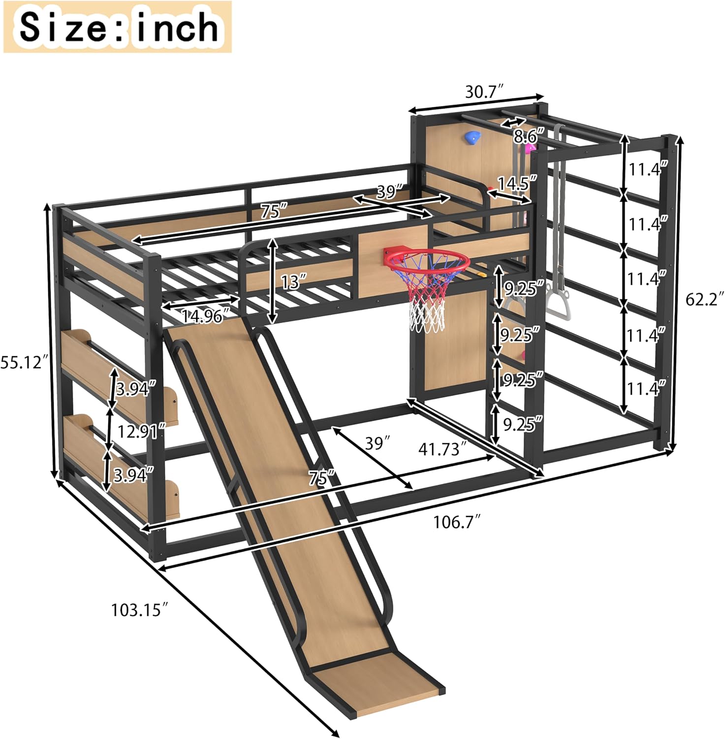 Bellemave Metal Twin Over Twin Bunk Bed Frame with Slide,Twin Size Floor Bunk Bed and Basketball Hoop,Pull-up Rings and Climbing Wall,Heavy Duty Bunk Beds with Bookshelves for Kids Girls Boys,Natural