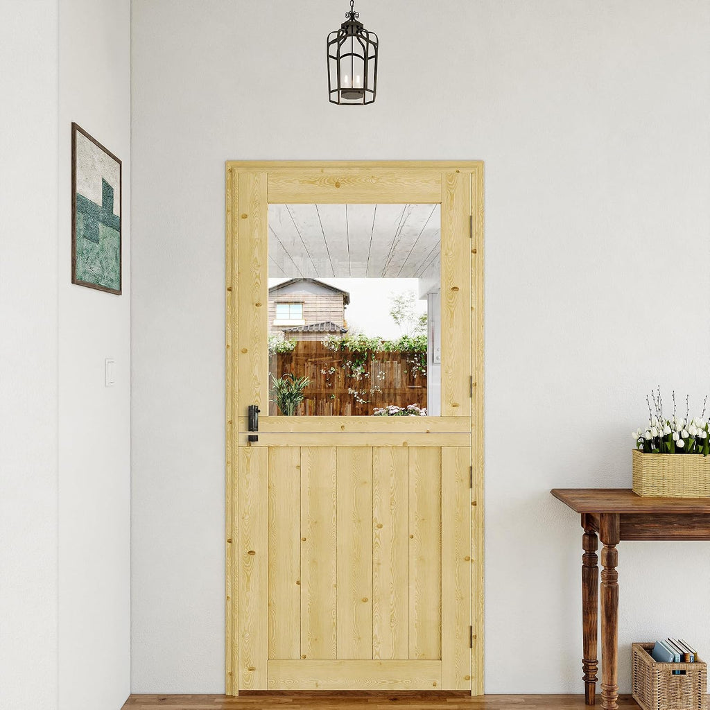 Exterior Dutch Door Slab, 36' x 80', Universal Tempered Clear Glass Split Single Doors, Solid Core Home Door, Natural Pine Wood - with 4 Black Hinges & 1 Latch, Without Jamb
