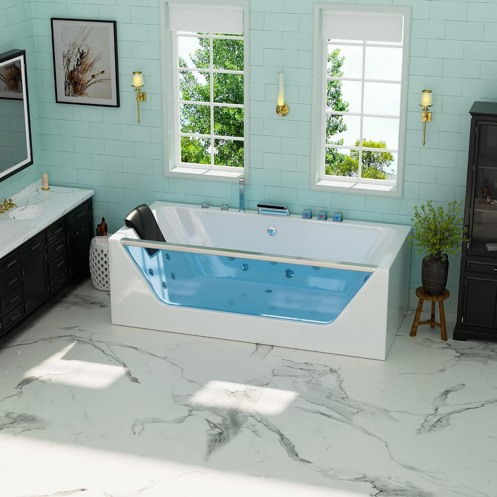 67' Whirlpool Hydro Massage Tub with Chromatherapy, Hydrotherapy Jetted Bathtub with Glass Panel, Acrylic Spa Tub with Center Drain, White