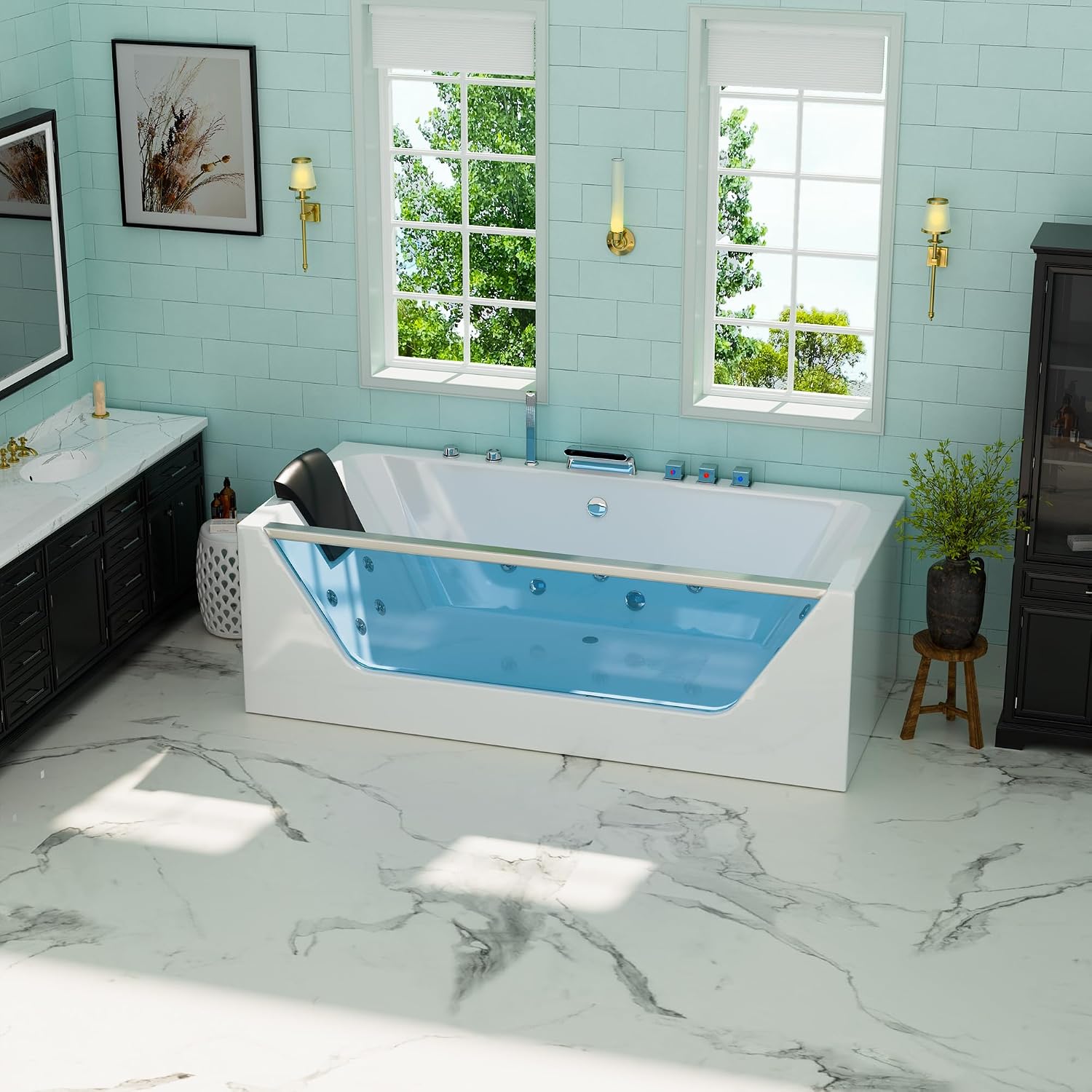 67' Whirlpool Hydro Massage Tub with Chromatherapy, Hydrotherapy Jetted Bathtub with Glass Panel, Acrylic Spa Tub with Center Drain, White