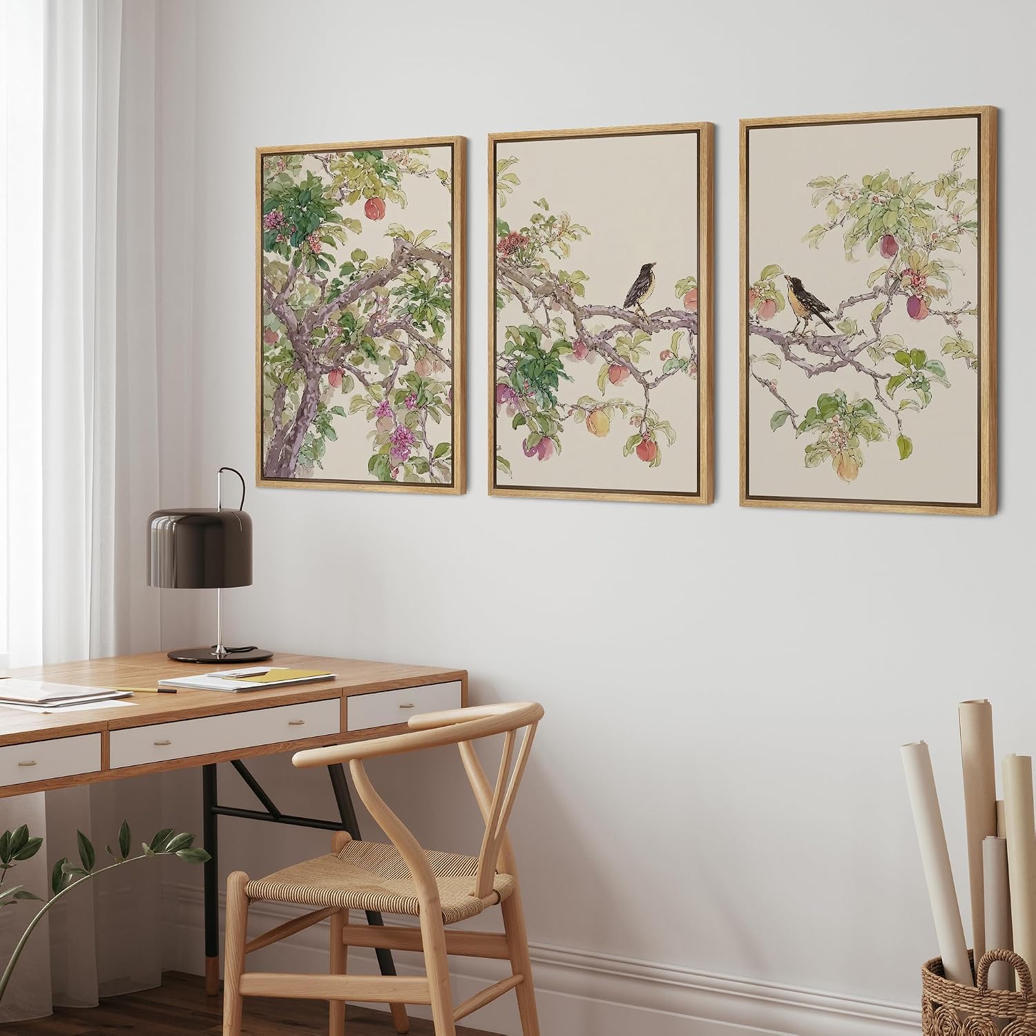 wall26 Framed Print Wall Art Set Watercolor Fruit Tree Branch with Birds Botanical Decorative Minimal Relax/Zen for Living Room, Bedroom, Office - 16'x24'x3 NATURAL