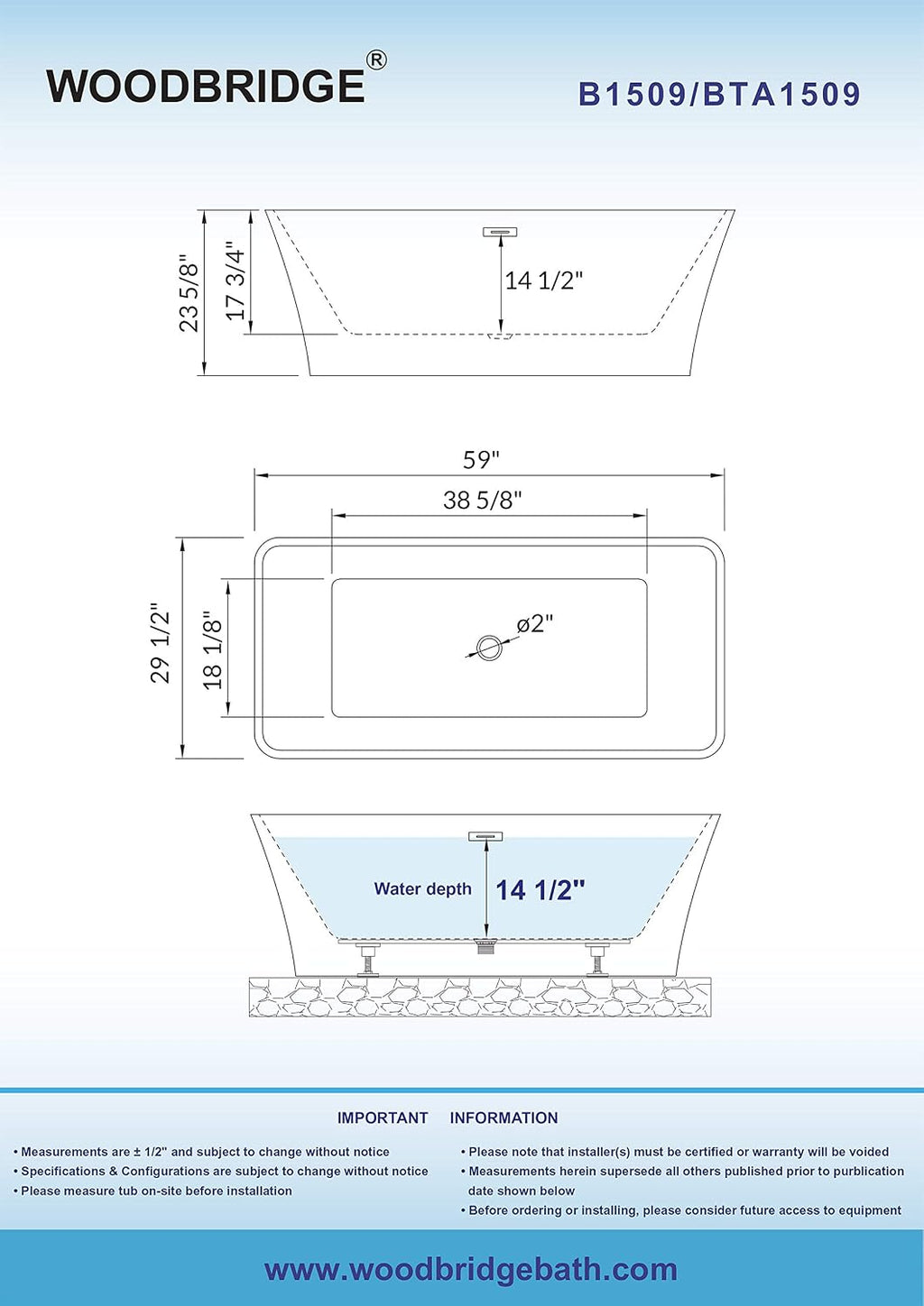 WOODBRIDGE 59'Freestanding White Acylic Soaking Bathtub with White Pillow,Drain and Overflow inBrushed Gold,BTA1509 -BG-Drain &O+ Pillow