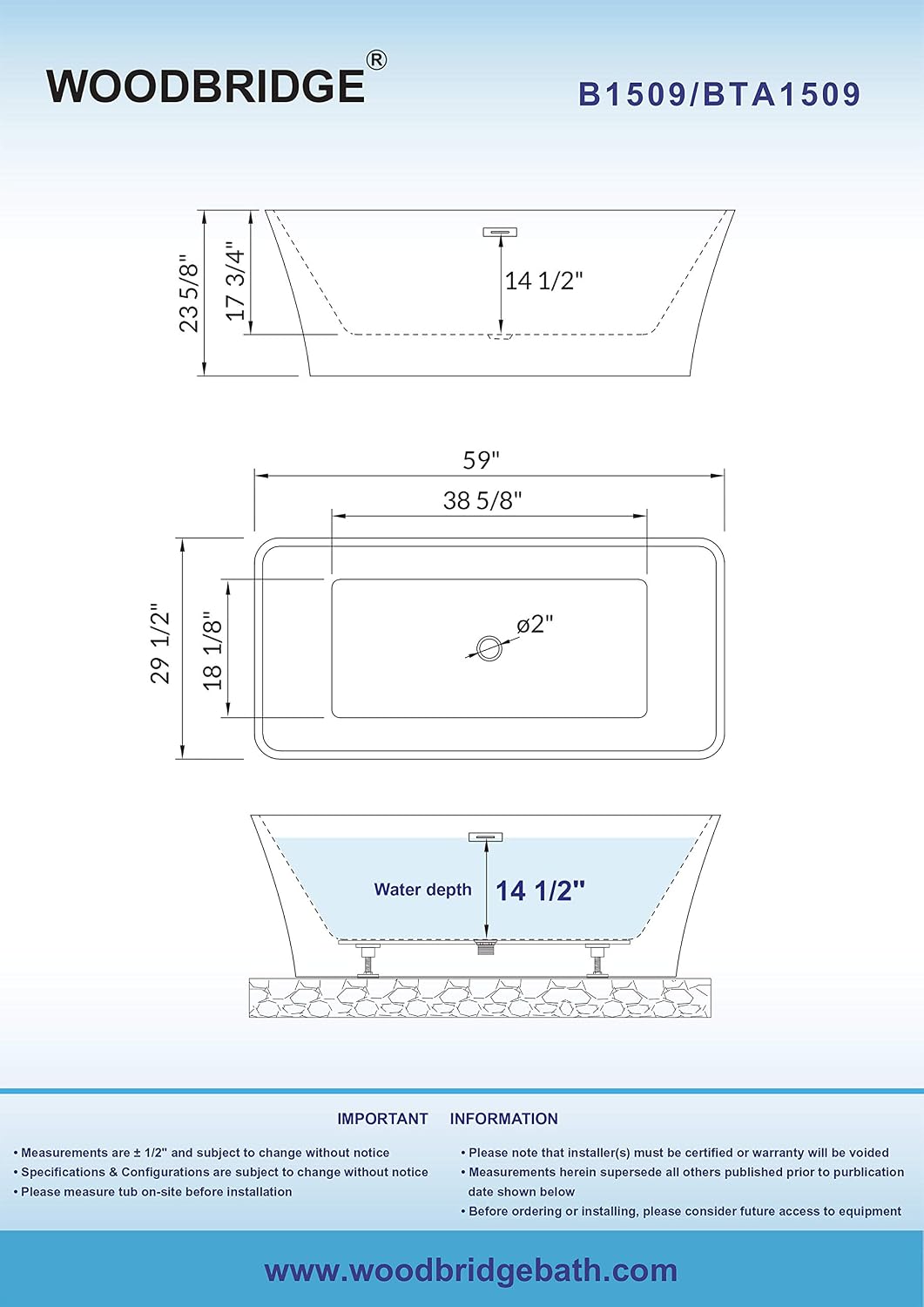 WOODBRIDGE 59'Freestanding White Acylic Soaking Bathtub with White Pillow,Drain and Overflow inBrushed Gold,BTA1509 -BG-Drain &O+ Pillow