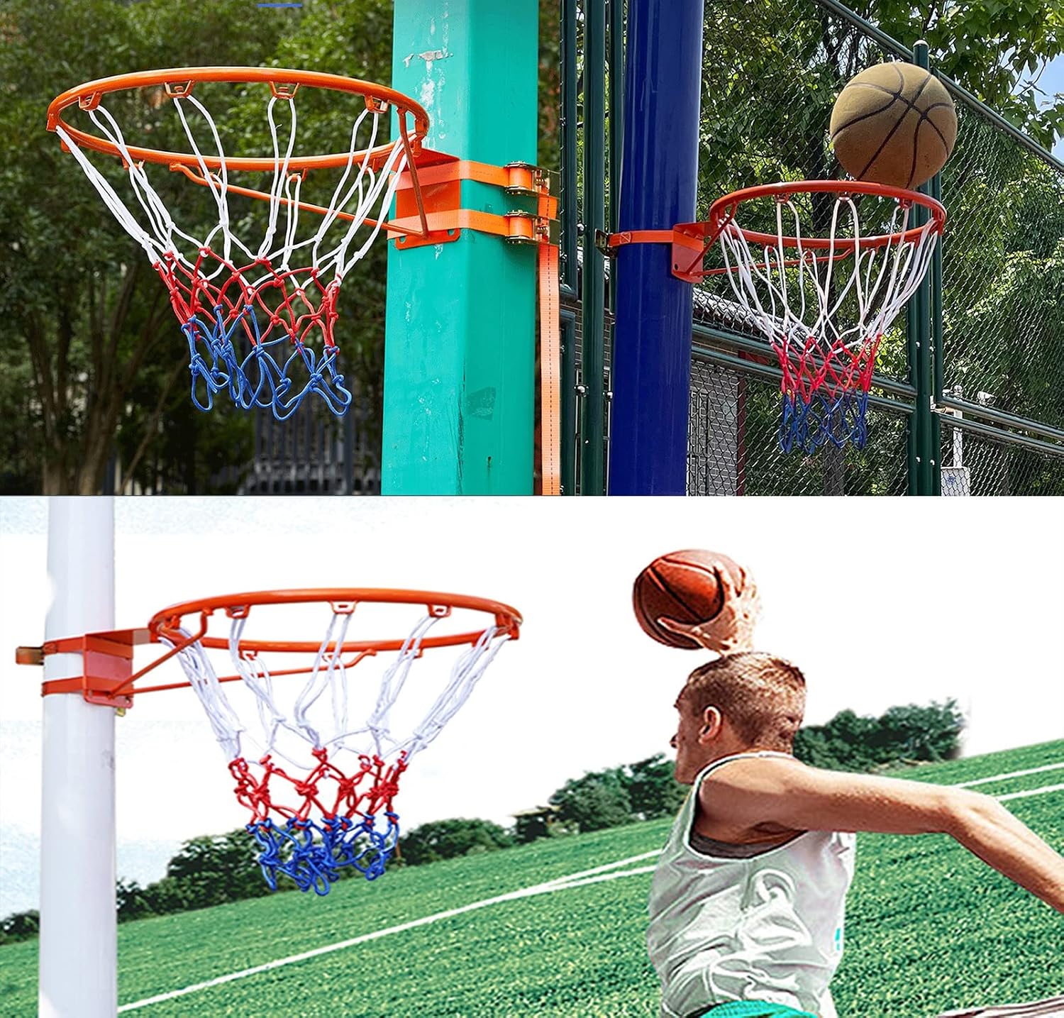 Wall Mounted Basketball Hoop for Kids & Adults, Portable Outdoor Basketball Goal Set with 2 Straps, 45cm Rim, Ideal for Tree or Pole Installation