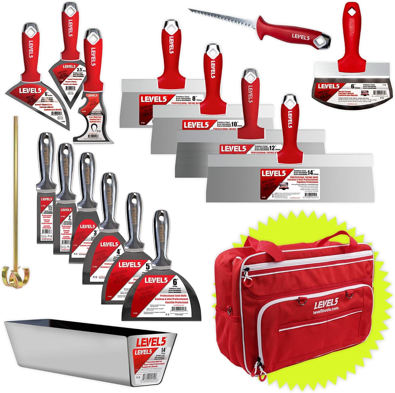 CONTRACTOR'S HAND TOOL SET W/BAG - Welded Joint, Taping, & Specialty Knives, Mixer, Jab Saw, Mud Pan + Free Bag | 5-683