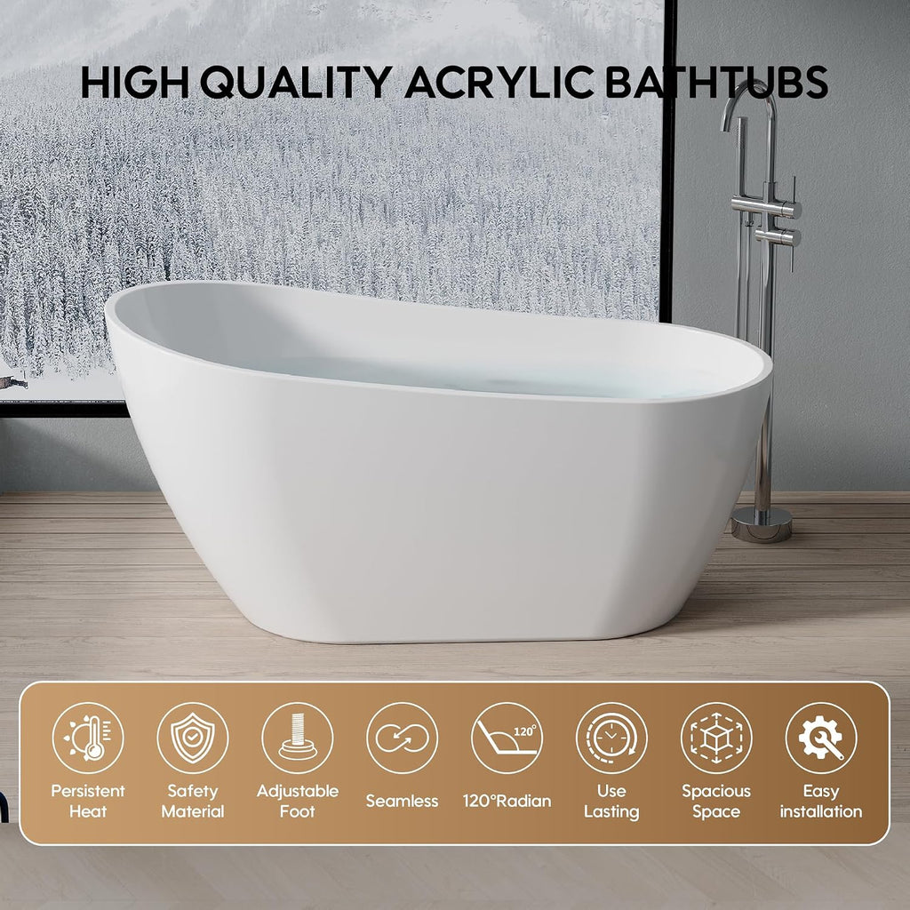 WELLFOR 59-Inch Freestanding Glossy White Acrylic Bathtub with Chrome Bathtub Drain and Integrated Slotted Overflow, Freestanding Soaking Bathtub Glossy White, Acrylic Soaking Tub (Glossy White)