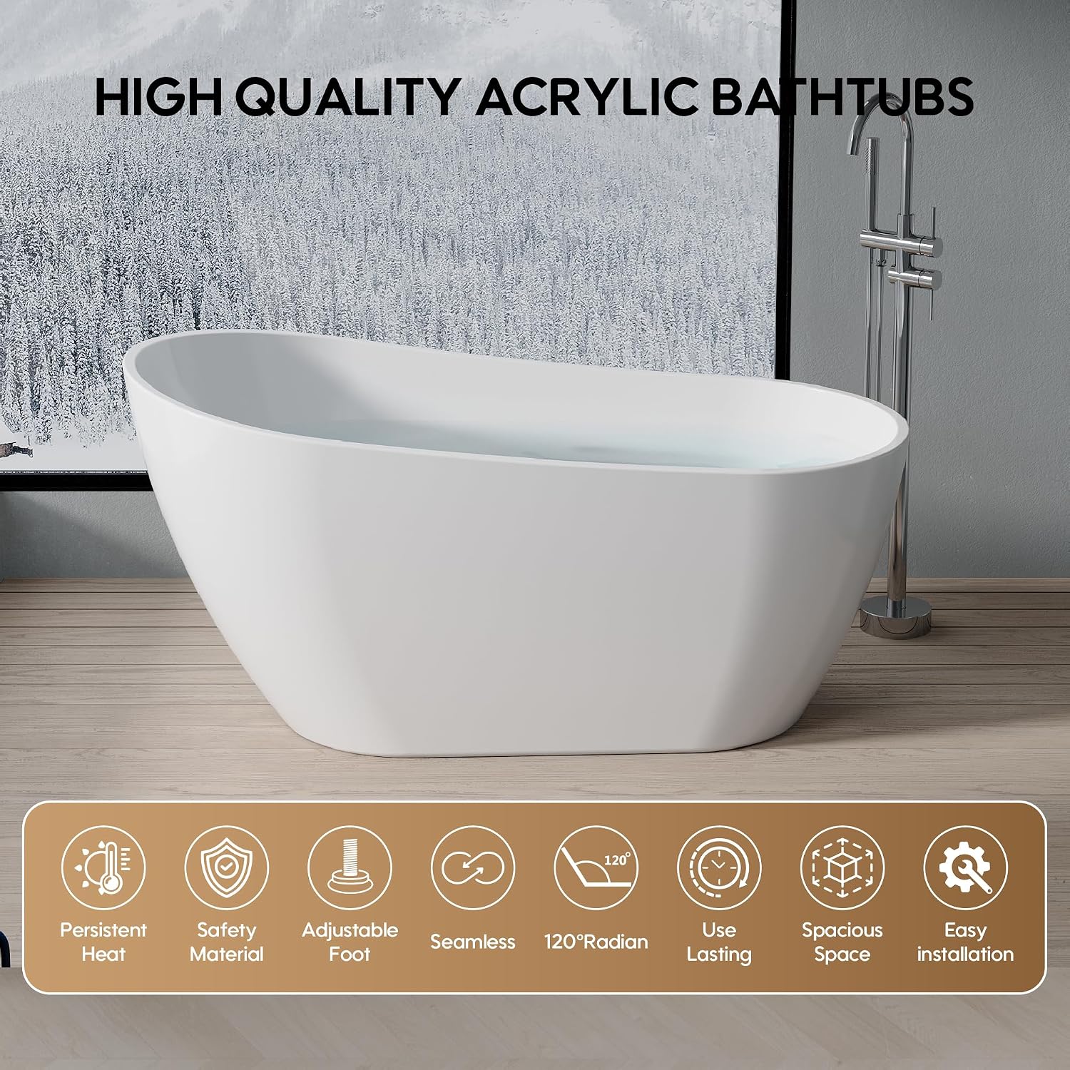 WELLFOR 59-Inch Freestanding Glossy White Acrylic Bathtub with Chrome Bathtub Drain and Integrated Slotted Overflow, Freestanding Soaking Bathtub Glossy White, Acrylic Soaking Tub (Glossy White)