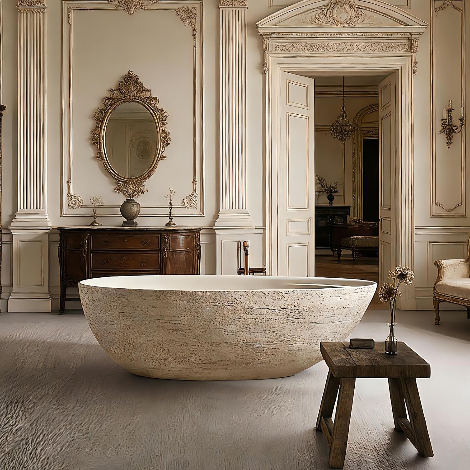 59' Edeyeu Freestanding Bathtub - Solid Surface Bathtub Soaking Tub, Extra Deep Stand Alone Tub, Designer Free Standing Luxury Spa Statement For Elite Bathrooms, Beige