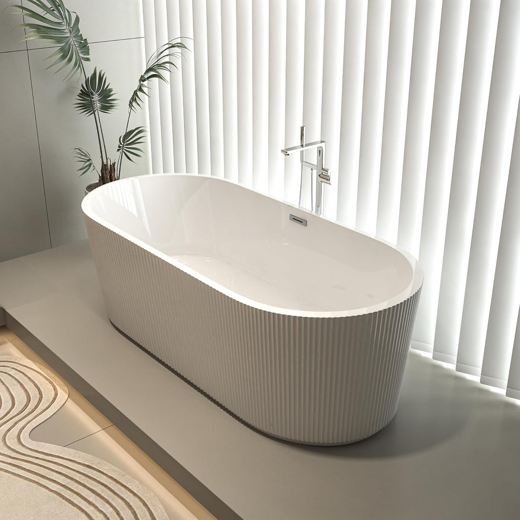 59' Acrylic Freestanding Bathtub-Acrylic Soaking Tubs, Fluted Style-Gloss White Freestanding Bathtub with Chrome Overflow and Pop Up Drain