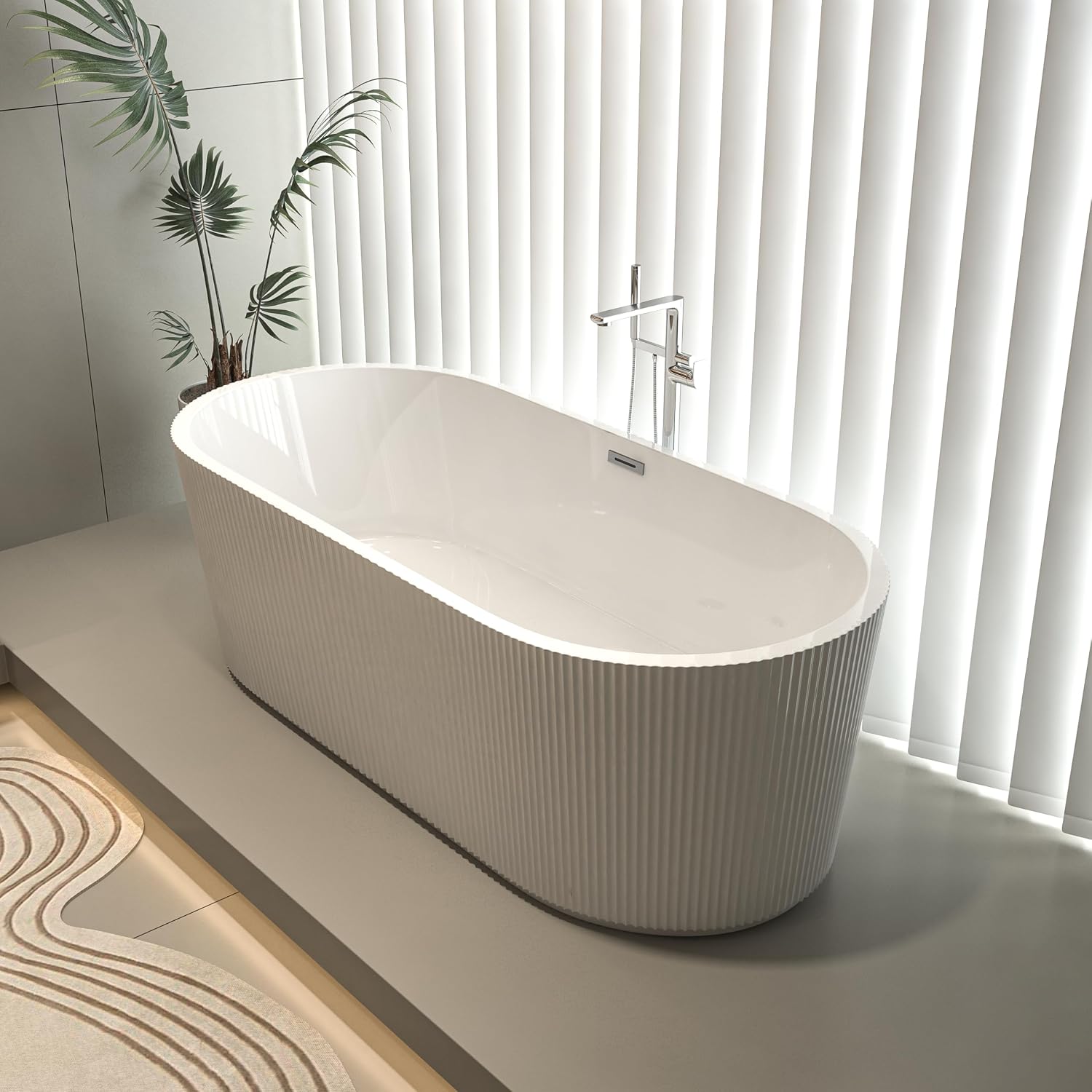 59' Acrylic Freestanding Bathtub-Acrylic Soaking Tubs, Fluted Style-Gloss White Freestanding Bathtub with Chrome Overflow and Pop Up Drain