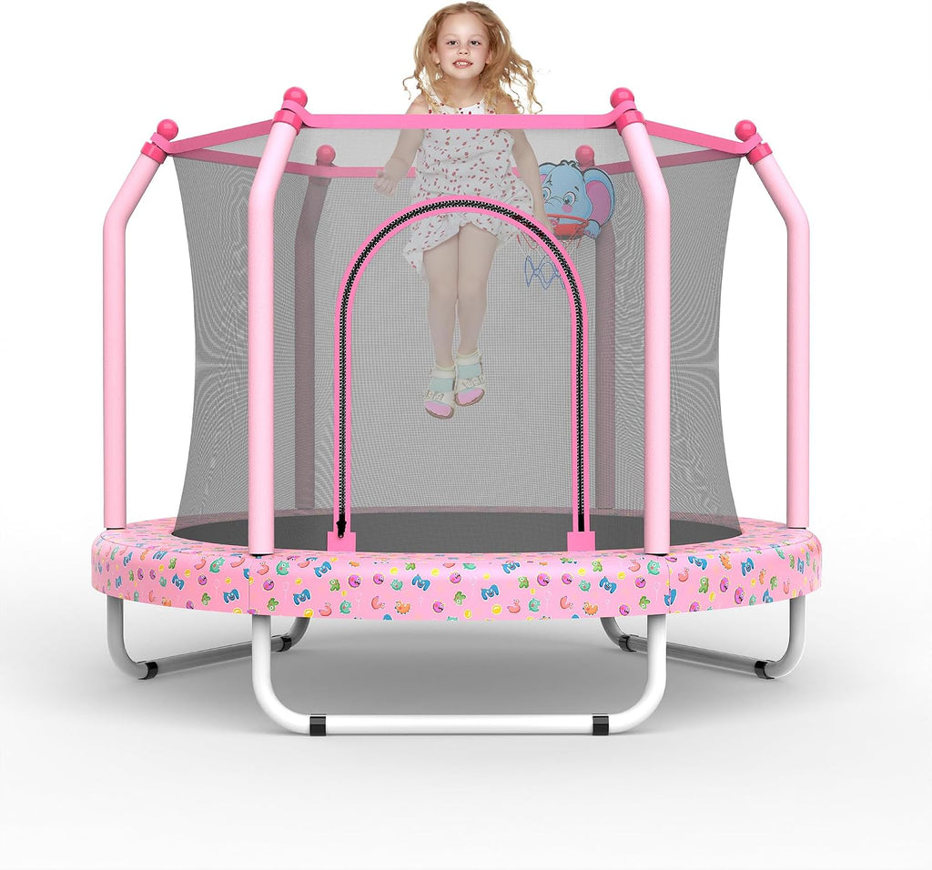 Mersco 55' Toddler Trampoline for Kids 2-5, 110lbs Indoor & Outdoor Mini Trampoline with Net, Basketball Hoop, for Boys & Girls