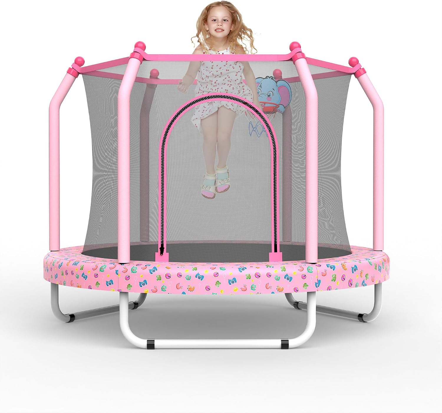 Mersco 55' Toddler Trampoline for Kids 2-5, 110lbs Indoor & Outdoor Mini Trampoline with Net, Basketball Hoop, for Boys & Girls