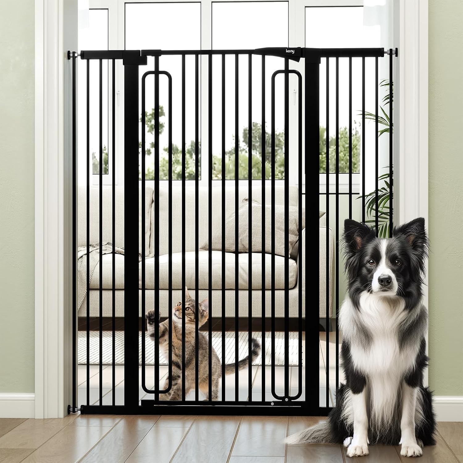 keny 51' Extra Tall Pet Gate, 29.7'-46' Wide Adjustable Cat Gate for Doorway, Hallway, Stairs, Auto-Close & Pressure Mounted, No Drilling, Black