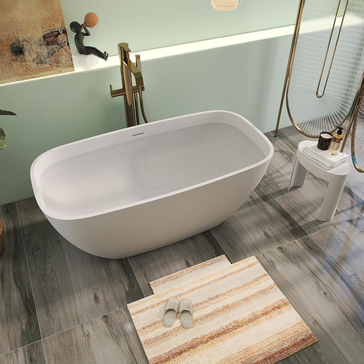 59' Premium Matte White Solid Surface Freestanding Bathtub, Upgraded Modern Design Stand Alone Bath Tub with Overflow and Pop-up Drain