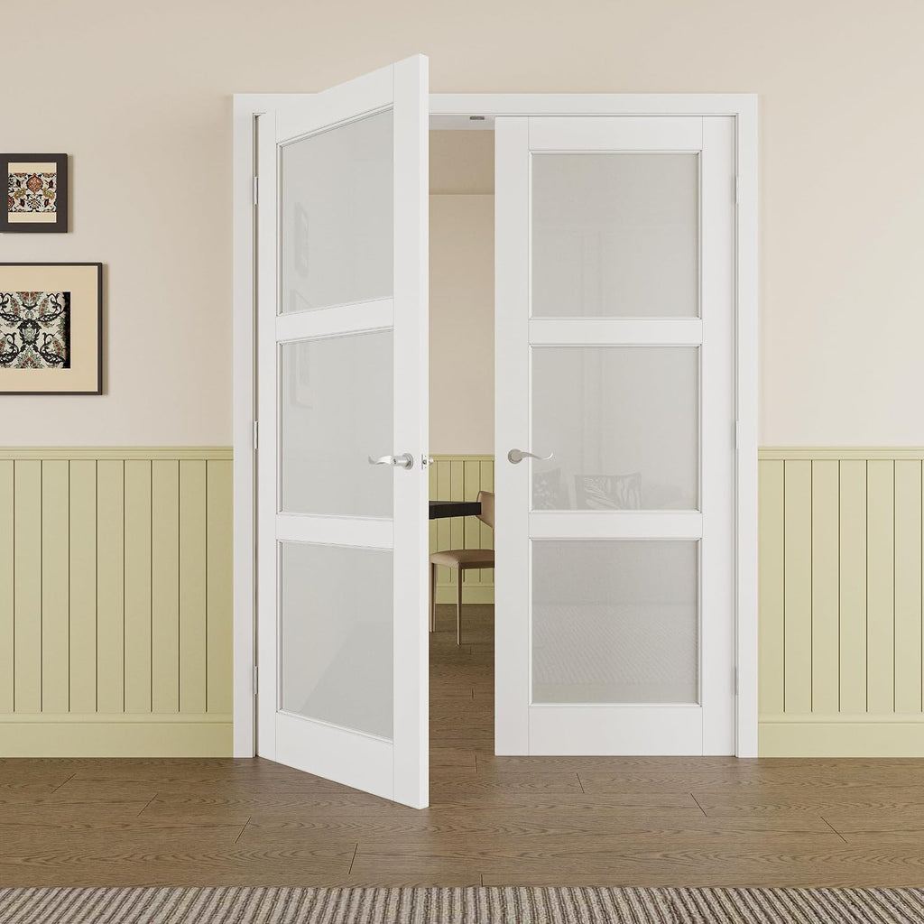 Prehung French Door 60' x 80' (2x30 in), Tempered Frosted Glass Door Slabs with Jamb, Silver Hinges, 4 Levers & Latch, Solid Core Interior Door, Pre-Finished & Paintable, MDF Double Doors Interior