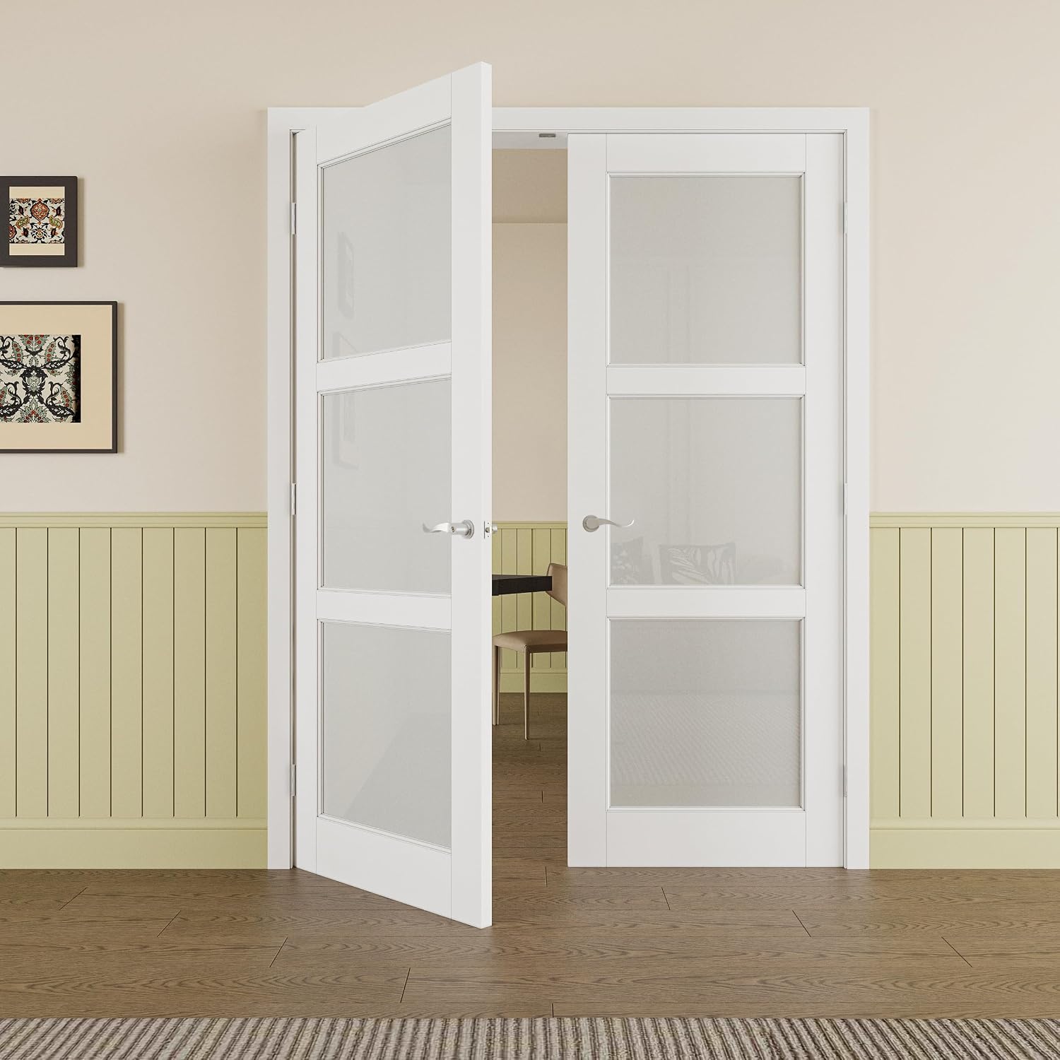 Prehung French Door 60' x 80' (2x30 in), Tempered Frosted Glass Door Slabs with Jamb, Silver Hinges, 4 Levers & Latch, Solid Core Interior Door, Pre-Finished & Paintable, MDF Double Doors Interior
