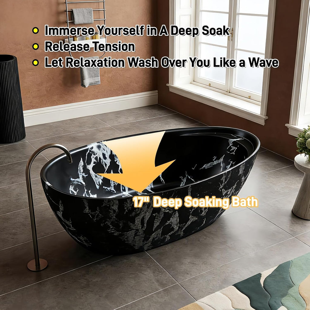 59' Edeyeu Freestanding Bathtub - Solid Surface Soaking Tub With Natural Rock Texture Design, Extra Deep Stand Alone Tub, Ergonomic Free Standing Spa Bath For Luxury Hotel Or Villa, Black