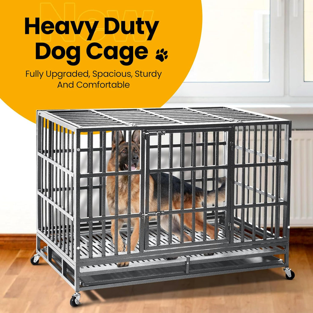 Oranland 48 inch Heavy Duty Indestructible Dog Crate,2025 New Upgraded Reinforced Baseplate for Large Dogs,XL Dog Crate for High Anxiety Dogs/Max Load Capacity 250lbs/Double Door with Wheels（Silver）
