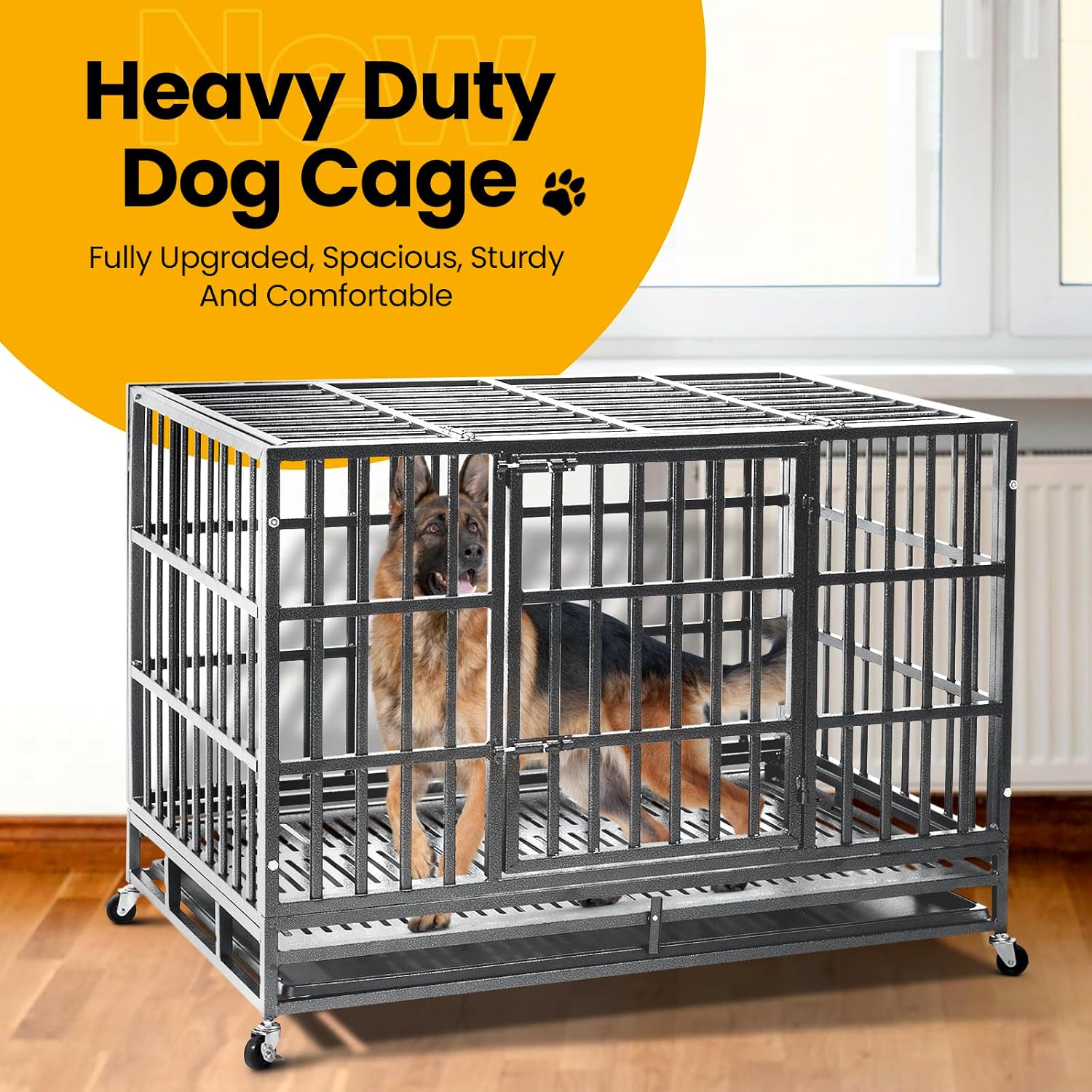 Oranland 48 inch Heavy Duty Indestructible Dog Crate,2025 New Upgraded Reinforced Baseplate for Large Dogs,XL Dog Crate for High Anxiety Dogs/Max Load Capacity 250lbs/Double Door with Wheels（Silver）