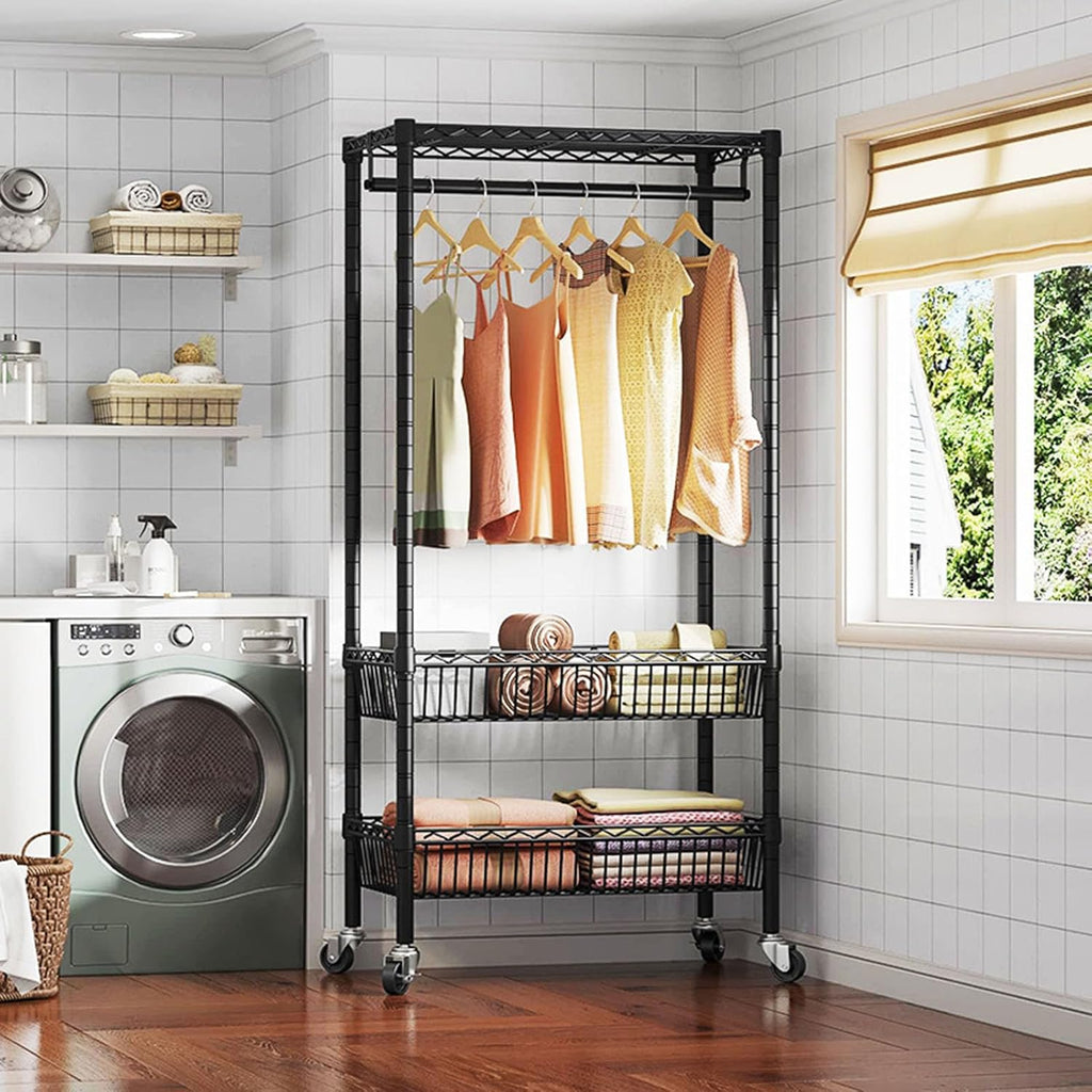 Heavy Duty Clothes Rack, Rolling Garment Rack 3 Tier Adjustable Wire Shelving with Hanger Rod&Side Hooks Clothing Racks for Hanging Clothes Clothes Storage and Display