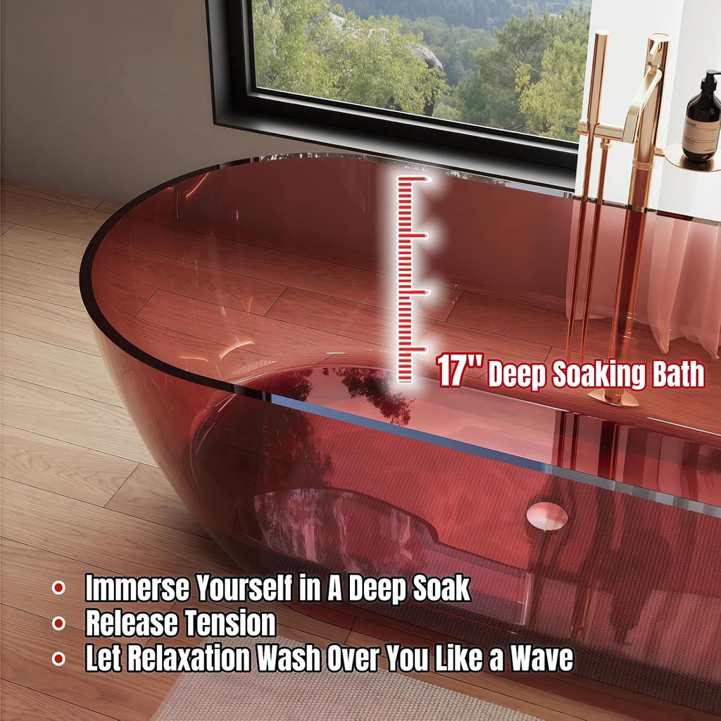 59' Edeyeu Freestanding Bathtub - Extra Deep Soaking Tub With Ergonomic Design, Luxury Solid Surface Bathtub For Home Spa Relaxation, Durable One-Piece Stand Alone Tub Red