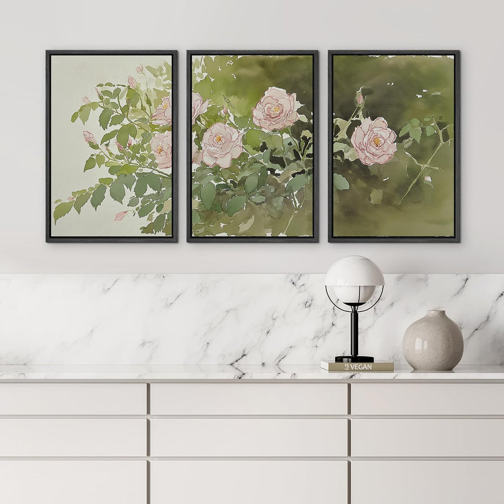 wall26 Framed Print Wall Art Set Blush Pink Rose Garden Botanical Decorative Minimal Relax/Zen for Living Room, Bedroom, Office - 16'x24'x3 BLACK