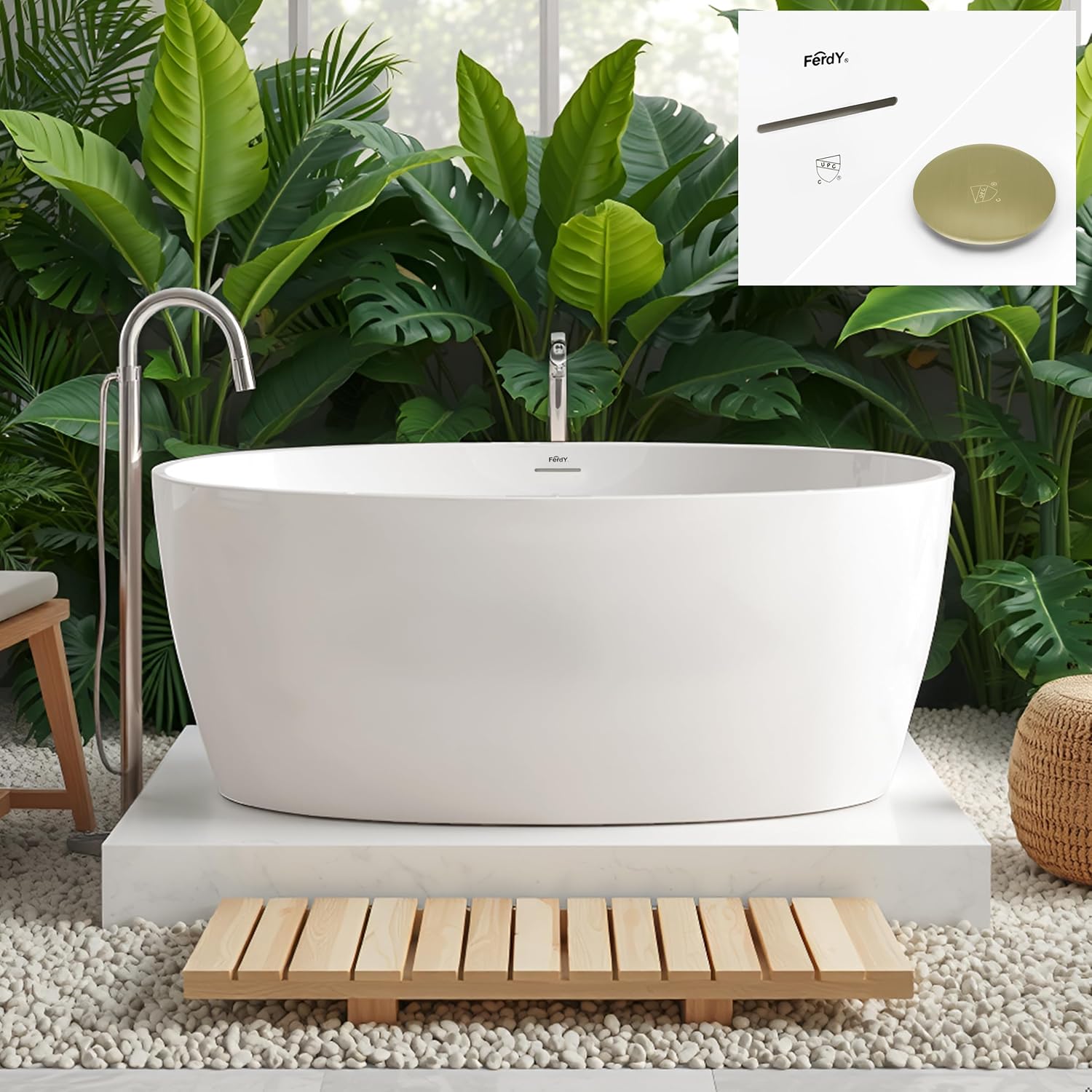 FerdY 59' Acrylic Freestanding Bathtub, Contemporary Soaking tub with Brushed Gold Drain, Elegant Oval Shape, cUPC Certified, Tahiti