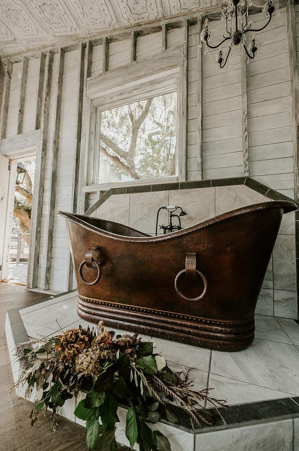 Premier Copper Products BTDR67DB 67-Inch Hammered Copper Double Slipper Bathtub with Rings, Oil Rubbed Bronze