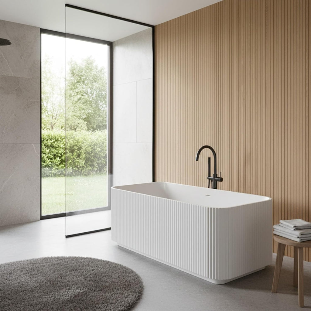 59' Freestanding Bathtub, Rectangle Linear Acrylic Soaking Tub with Chrome Pop-Up Drain, Glossy White Stand Alone Soaker Tub, Double Wall Insulated, Modern Luxury Bathroom Tub