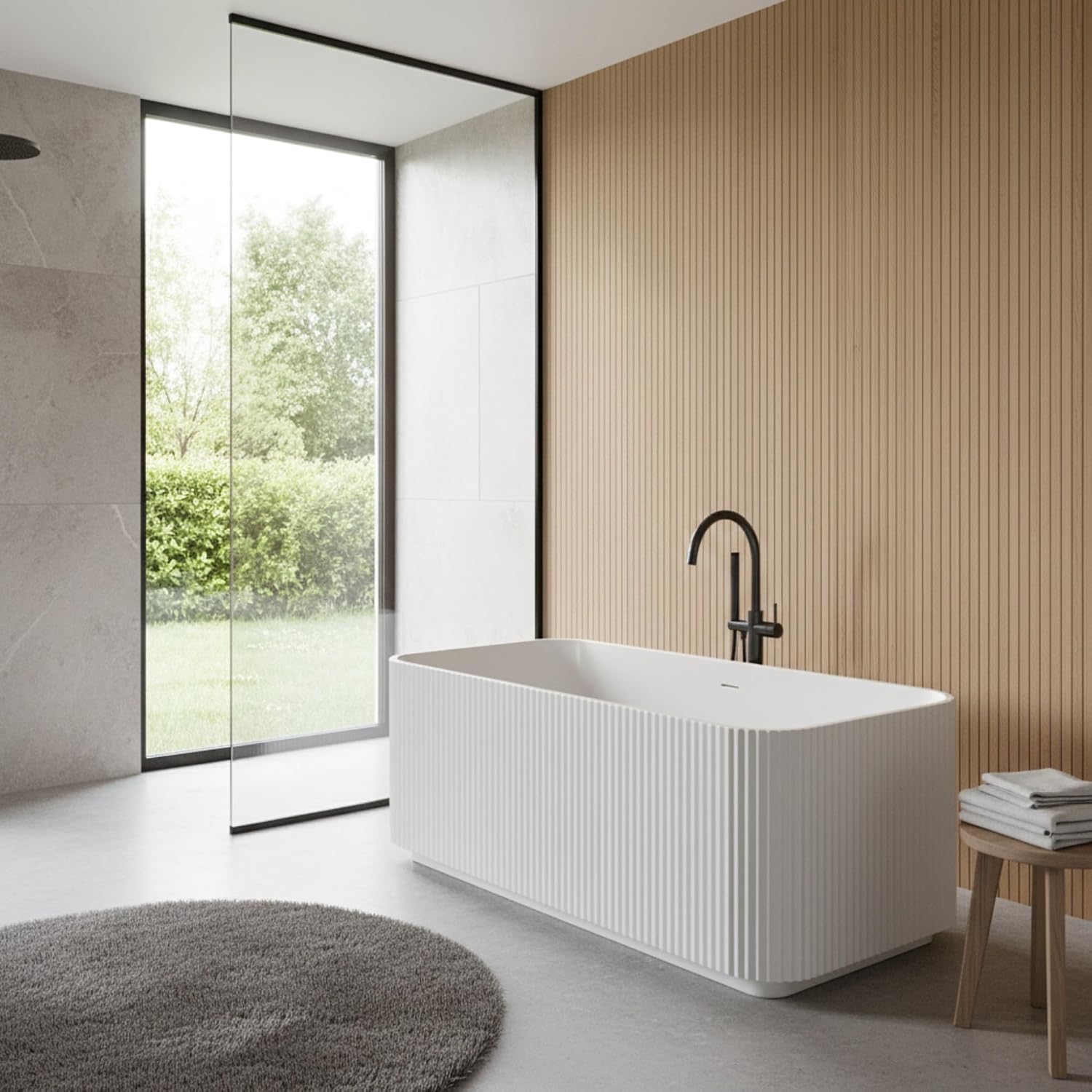 59' Freestanding Bathtub, Rectangle Linear Acrylic Soaking Tub with Chrome Pop-Up Drain, Glossy White Stand Alone Soaker Tub, Double Wall Insulated, Modern Luxury Bathroom Tub