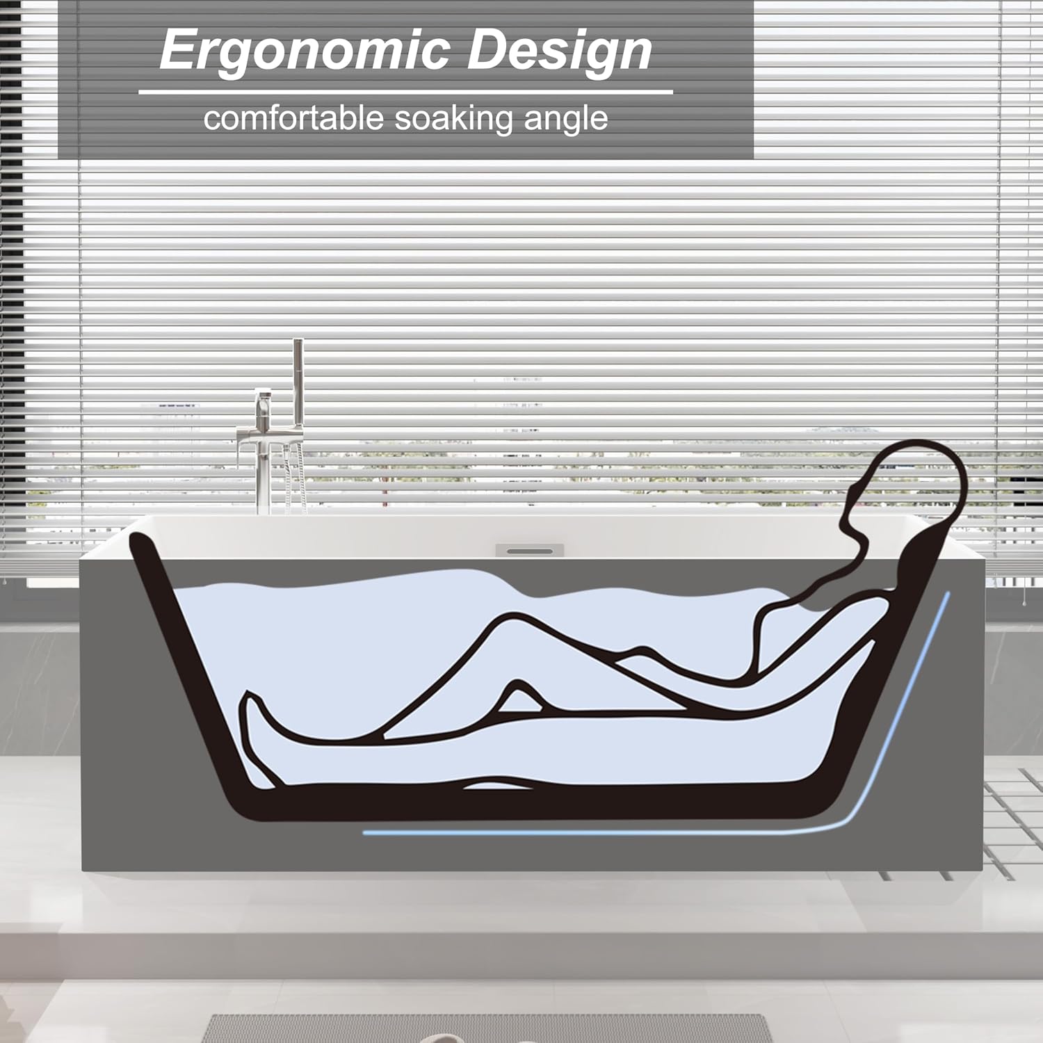 59 inch Black Freestanding Square Soaking Bathtub, Modern Stand Alone Free Standing Acrylic Tub with Center Chrome Drain & Overflow