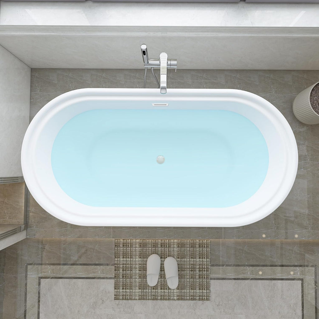 HomeBeyond 59 Inch Free Standing Bathtub | Acrylic Freestanding Soaking Tub, Classic Bathroom Stand Alone Tub Suitable Single Person Bathing, Pure White