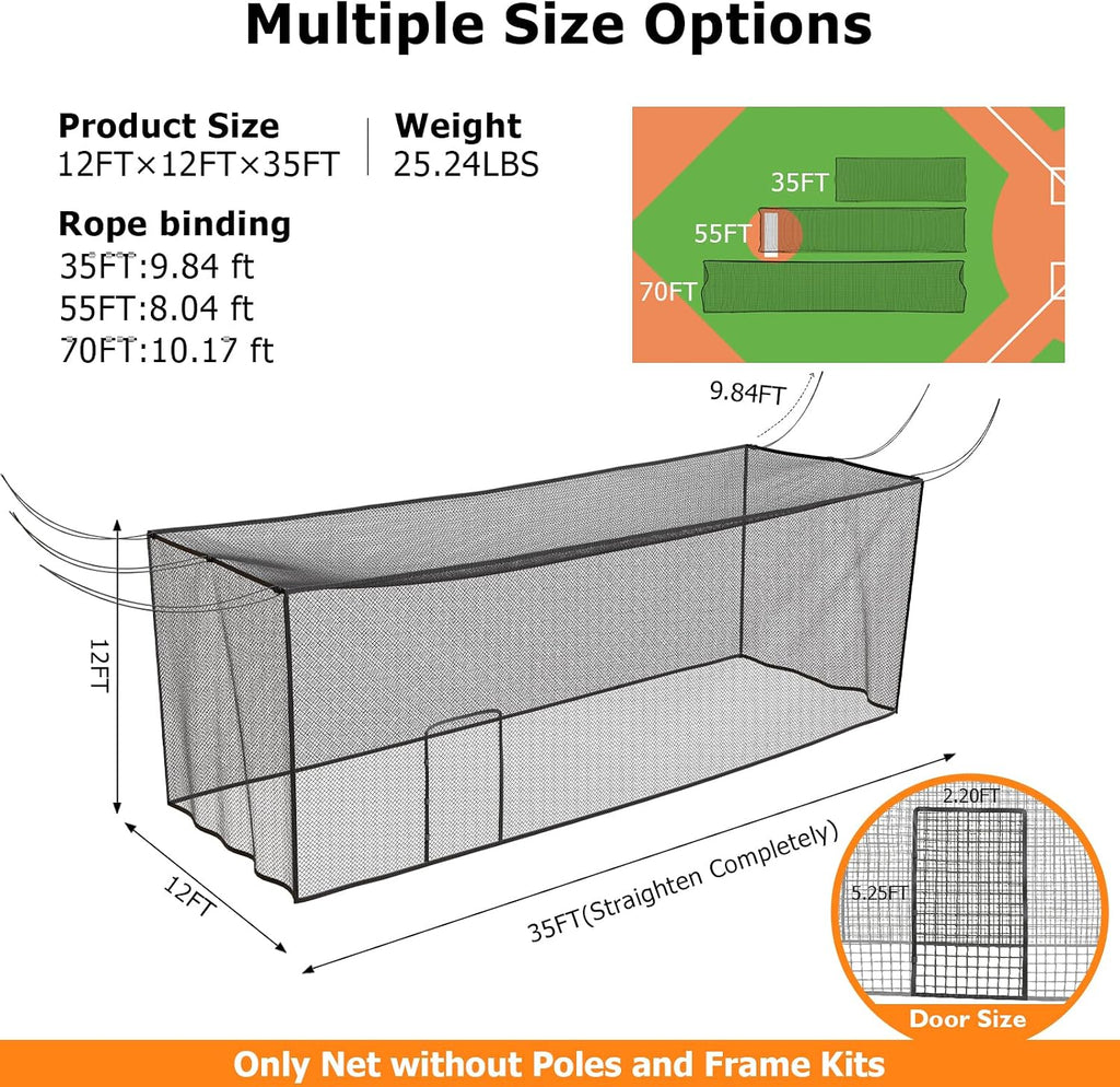 Batting Cage Net, UV-Stabilized HDPE, Black, 1-3/4' Square Mesh, Square-Hung, 1/4' Border Rope, Side Door – Baseball & Softball Netting – Sizes: 8x8x20ft,10x10x35ft,12x12x55ft, 12x14x70ft