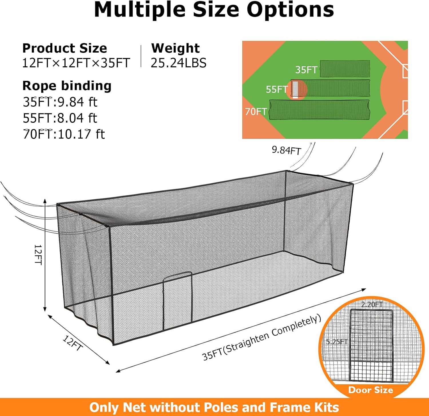 Batting Cage Net, UV-Stabilized HDPE, Black, 1-3/4' Square Mesh, Square-Hung, 1/4' Border Rope, Side Door – Baseball & Softball Netting – Sizes: 8x8x20ft,10x10x35ft,12x12x55ft, 12x14x70ft