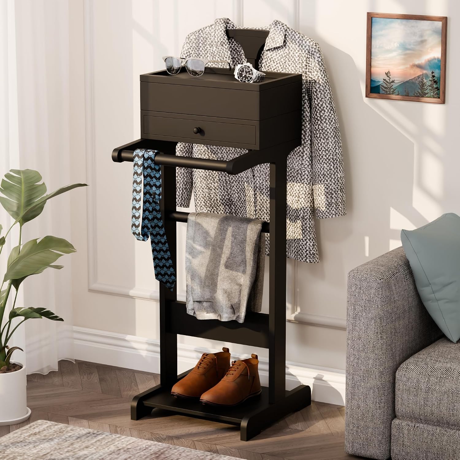 Brefhome Luxury Mens Valet Stand with Storage Drawer & Jewelry Tray, Executive Wooden Clothes Rack for Men Women, Garment Organizer for Suit, Tie, Pant, Watch & Phone, Black (Box + Drawer)