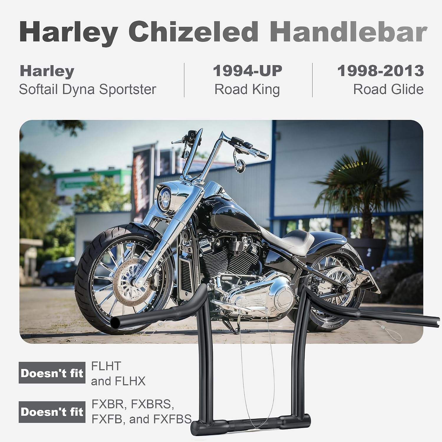 MoKitDora 14' Rise Ape Hanger 1-1/4' Fat 1' Clamp Chizeled Handlebar Z Bar for Harley Dyna Softail Sportster XL 883/1200, 1994-up Road King & 1998-2013 Road Glide, Black