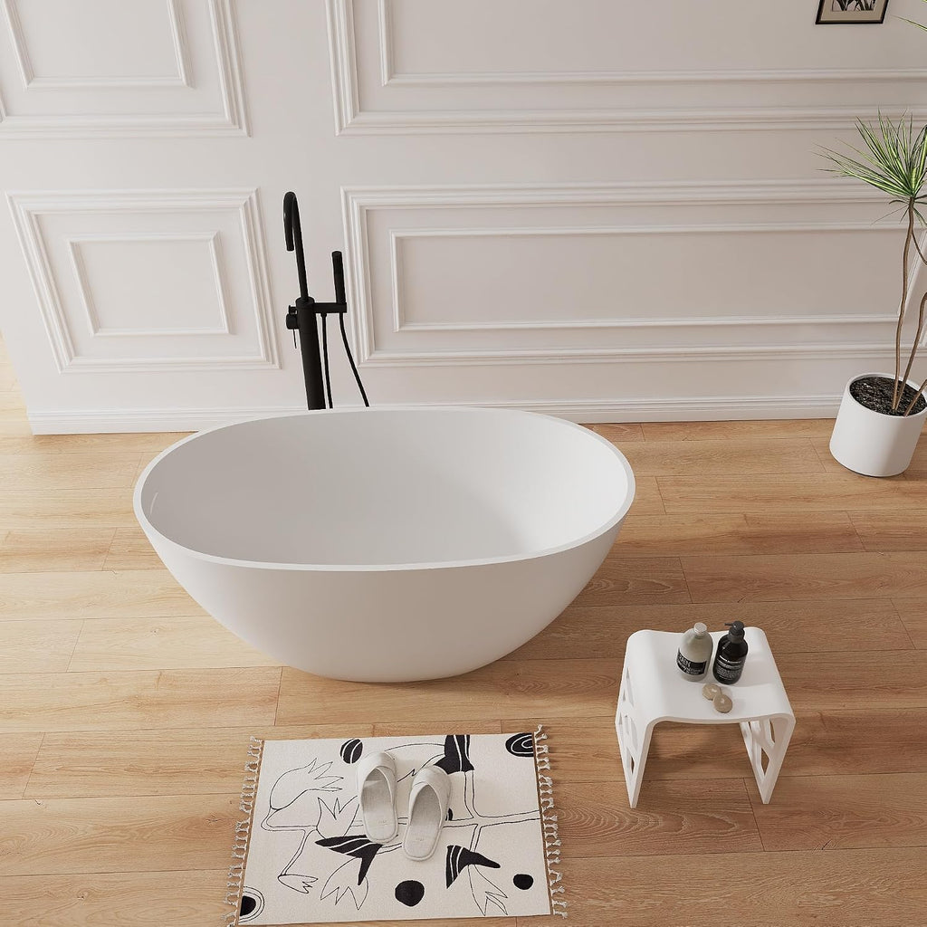 51' Modern Solid Surface Freestanding Bathtub,Oval Shape Stone Resin Soaking Tubs with Pop-up Drain and Overflow, Matte White