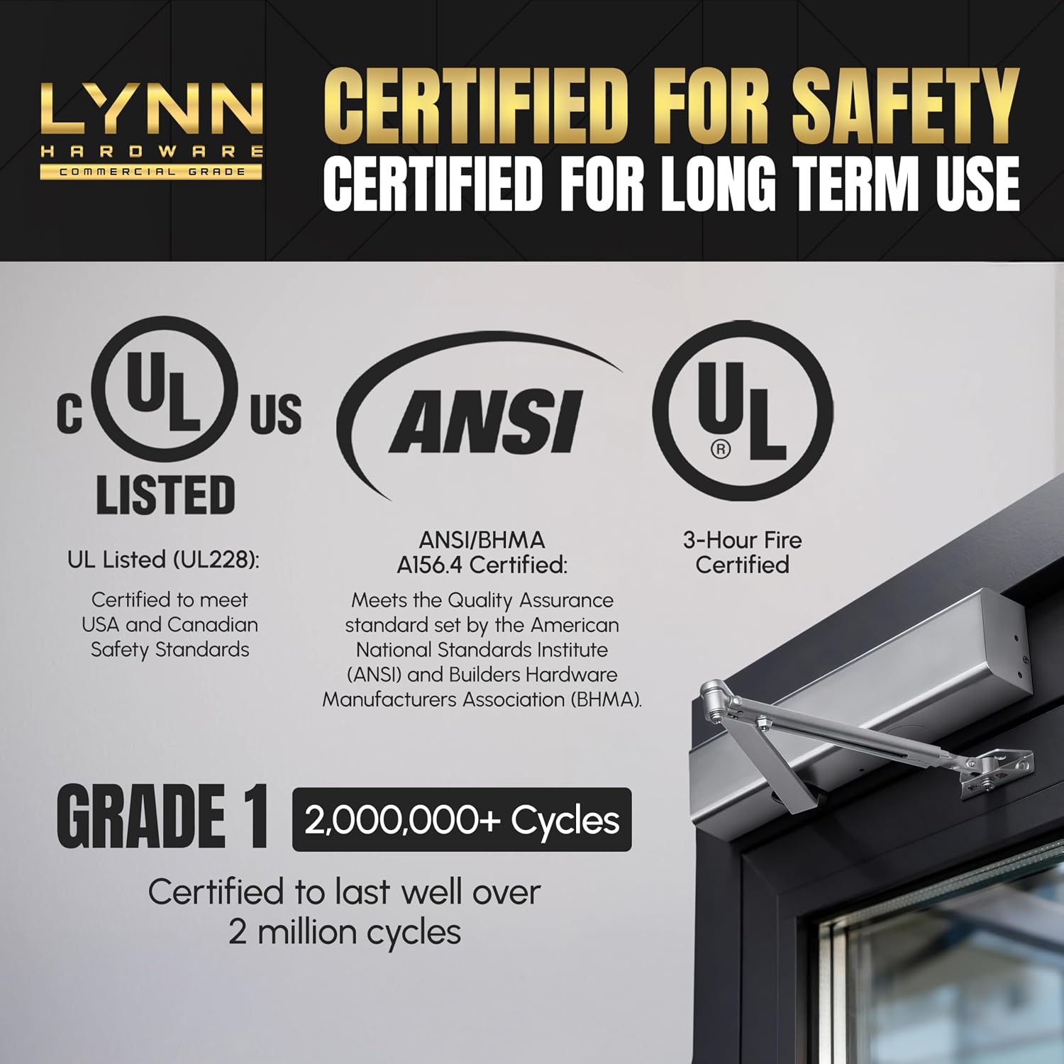 LYNN HARDWARE Heavy Duty Automatic Door Closer (Black) - Commercial Grade, Contractors Choice, Adjustable Speed & Force, Delayed Closing Timer, 3 Mounting Options, 3 Hour Fire Rated (DC8016 Model)