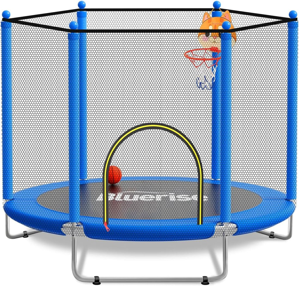 BLUERISE 60' Trampoline for Kids 5FT Toddler Trampolines Indoor/Outdoor with Adjustable Gymnastics Bar & Safety Net, No-Gap Design, Anti-Rollover Bottom, Basketball Hoop, Gifts for Boys & Girls