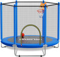 BLUERISE 60' Trampoline for Kids 5FT Toddler Trampolines Indoor/Outdoor with Adjustable Gymnastics Bar & Safety Net, No-Gap Design, Anti-Rollover Bottom, Basketball Hoop, Gifts for Boys & Girls