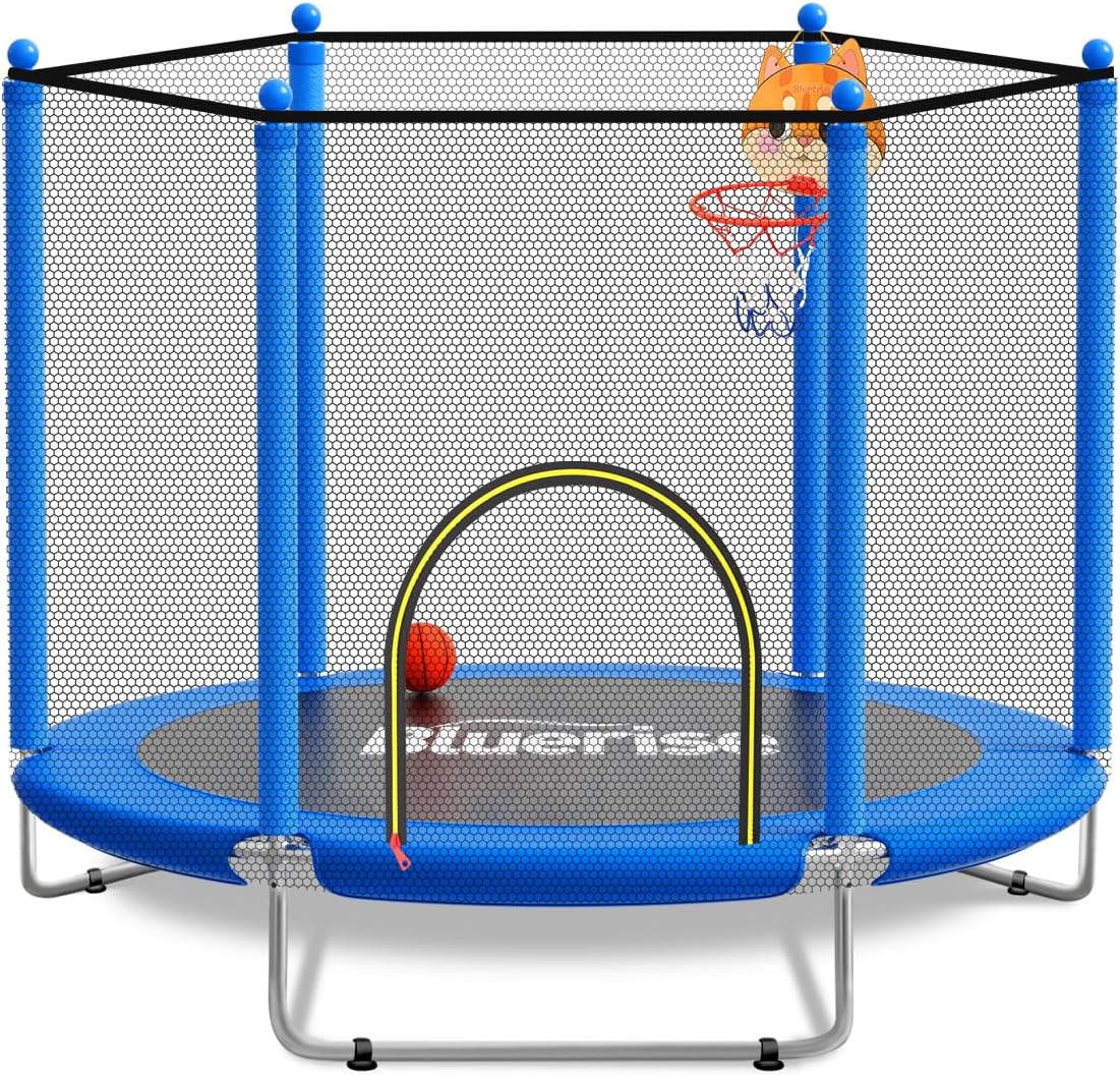 BLUERISE 60' Trampoline for Kids 5FT Toddler Trampolines Indoor/Outdoor with Adjustable Gymnastics Bar & Safety Net, No-Gap Design, Anti-Rollover Bottom, Basketball Hoop, Gifts for Boys & Girls