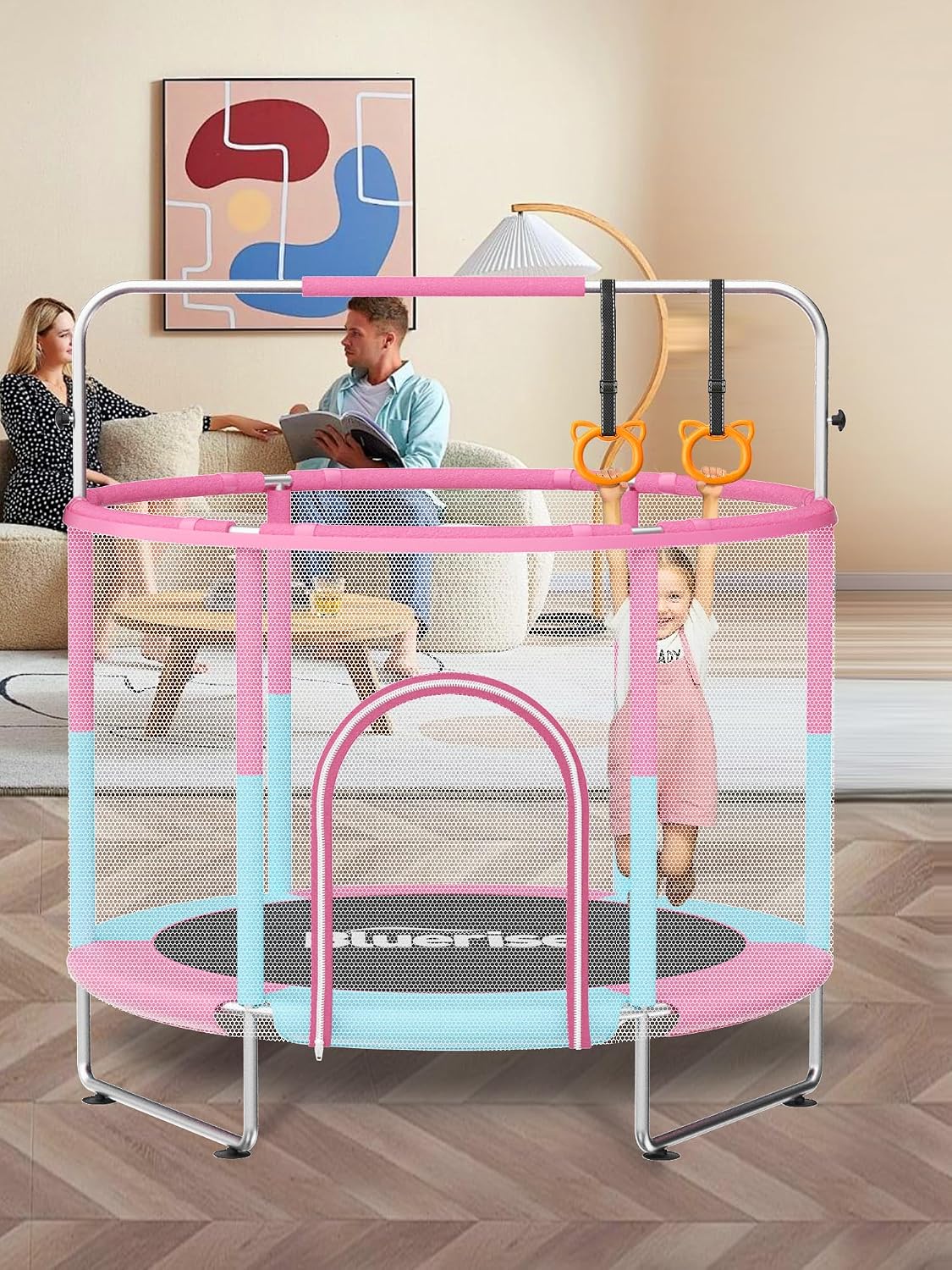 BLUERISE 60' Trampoline for Kids 5FT Toddler Trampolines Indoor/Outdoor with Adjustable Gymnastics Bar & Safety Net, No-Gap Design, Anti-Rollover Bottom, Basketball Hoop, Gifts for Boys & Girls