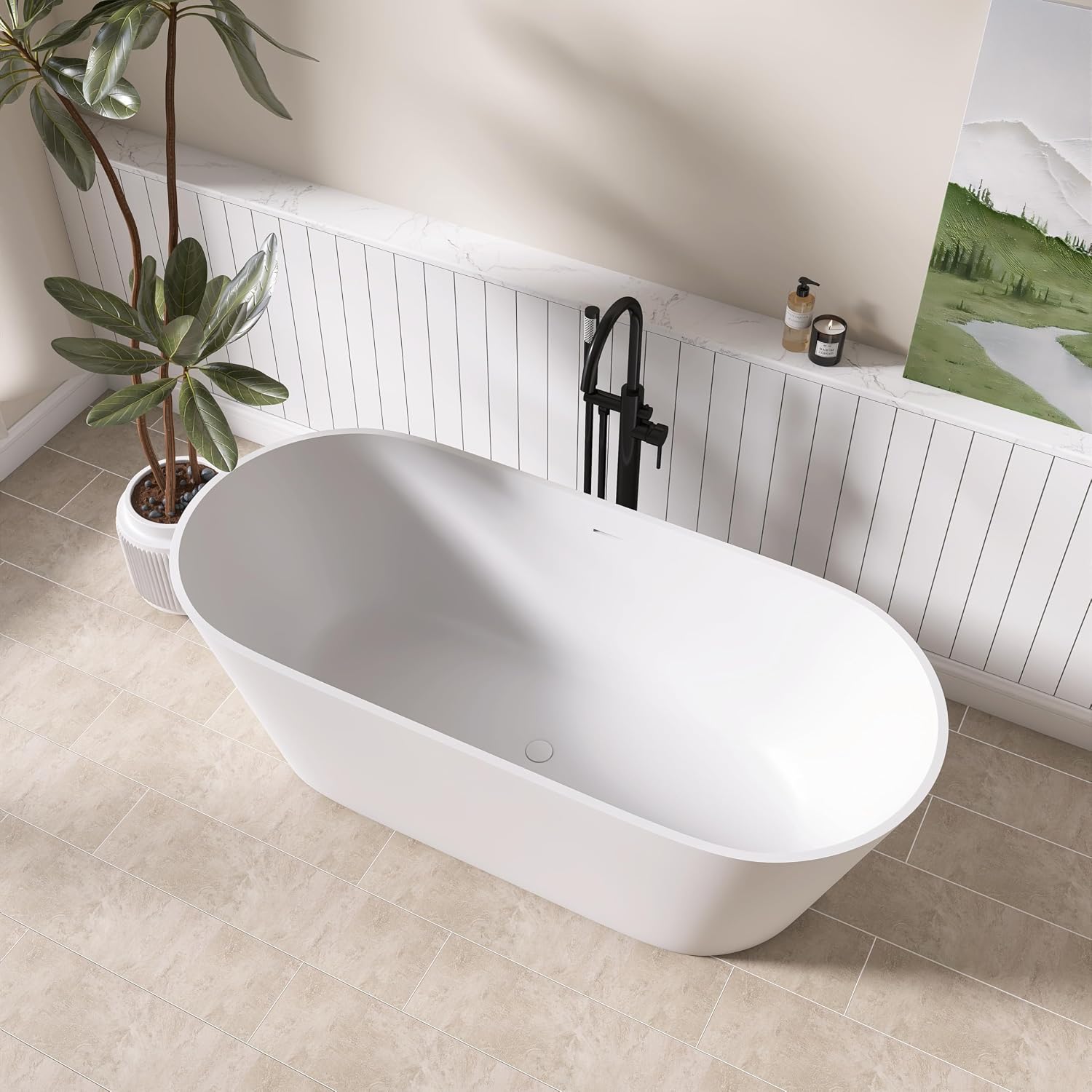 67' Freestanding Solid Surface Bathtub,Stone Resin Bathtub with Drain, Luxurious Soaking Tub for Bathrooms, Freestanding Bathtub for Comfort,Matt White