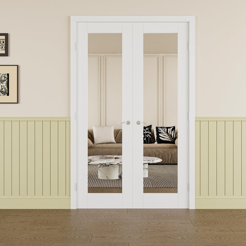 Prehung French Door 48' x 80' (2x24 in), Mirror Door Slabs with Jamb, Silver Hinges, 4 Levers & Latch, Solid Core Interior Door, Pre-Finished & Paintable, One Side Mirror & The Opposite White