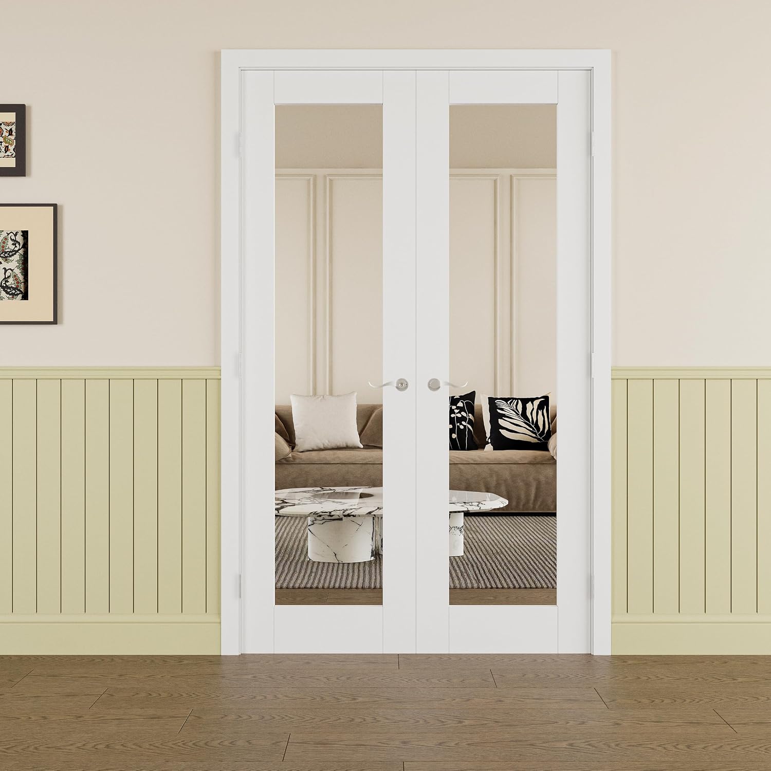 Prehung French Door 48' x 80' (2x24 in), Mirror Door Slabs with Jamb, Silver Hinges, 4 Levers & Latch, Solid Core Interior Door, Pre-Finished & Paintable, One Side Mirror & The Opposite White