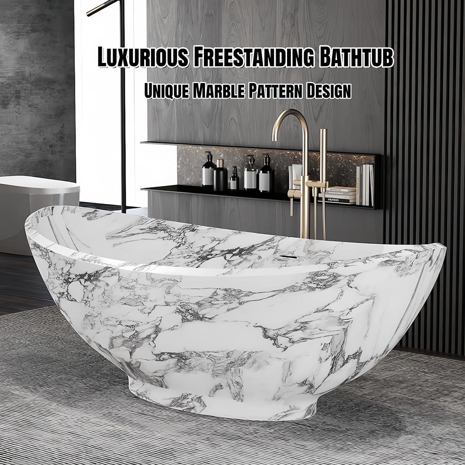 67' Edeyeu Freestanding Bathtub – Solid Surface Bathtub With Marble Texture, Extra Deep Soaking Tub, Luxury Stand Alone Tub For Modern Bathroom Ergonomic Design White