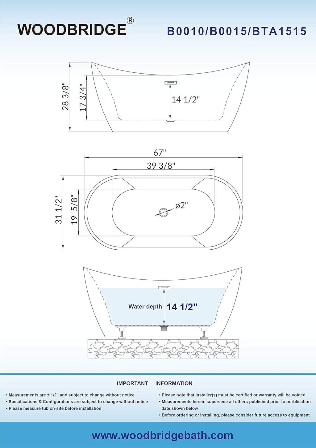 WOODBRIDGE 67' Acrylic Freestanding Bathtub Contemporary Soaking Tub, White Acrylic (Brushed Nickel Drain/Overflow) with Pillow
