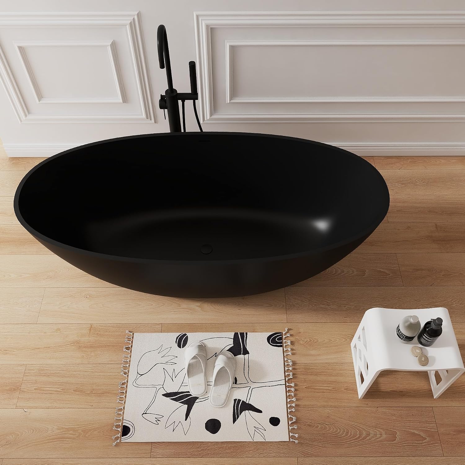 65' Upgraded Solid Surface Freestanding Tubs,Luxury Oval Stone Resin Soaking Bathtub with Pop-up Drain and Overflow, Matte Black